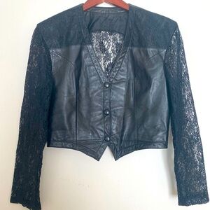CHIA Vintage Black Leather Jacket Vest Womens Biker Lace Floral Sleeves Size M